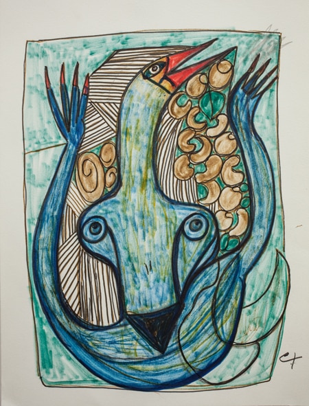 Obra de Conchita Brennand com pássaro azul