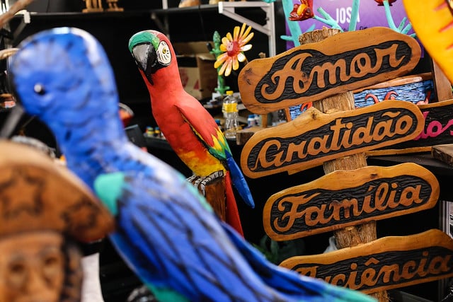 Imagem de uma arara colorida e objetos em madeira