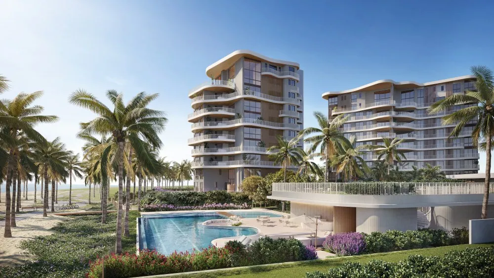 Renderização de dois edifícios residenciais com varandas curvas e fachada bege, cercados por palmeiras, jardins e piscina à beira-mar.